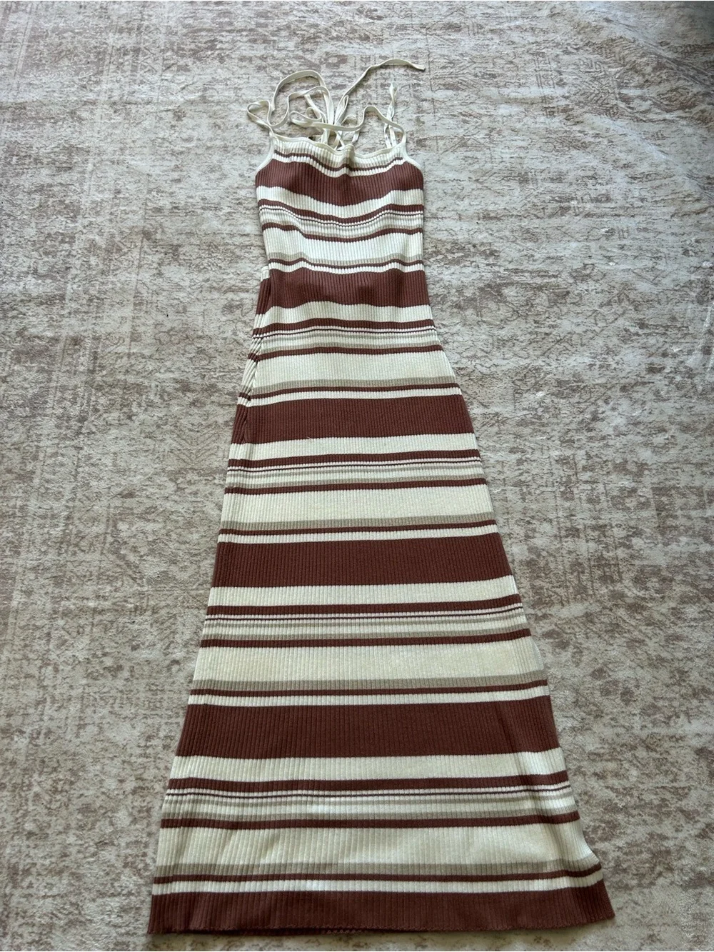 NWT A&F Sleeveless Brown & Cream Striped Rib Knit Maxi Dress